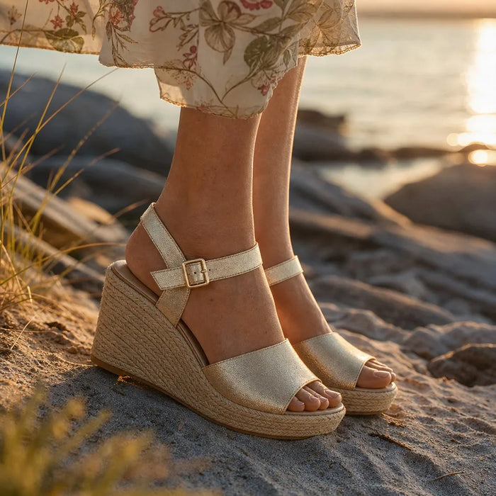 Gold Women's Gold Espadrille Platform Sandals - Sophia Ankle Strap Wedge - Worn Lifestyle