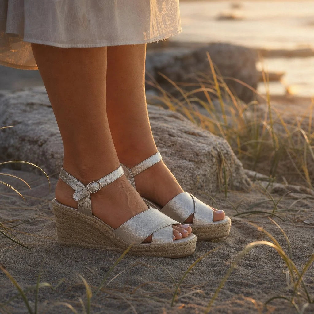 Silver Women's Silver Espadrille Platform Sandals - Sinead Ankle Strap Wedge - Worn Lifestyle
