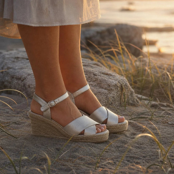 Silver Women's Silver Espadrille Platform Sandals - Sinead Ankle Strap Wedge - Worn Lifestyle