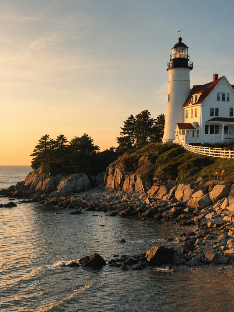 A quiet stretch of the Maine coast at dusk, firs running down to the waterline
