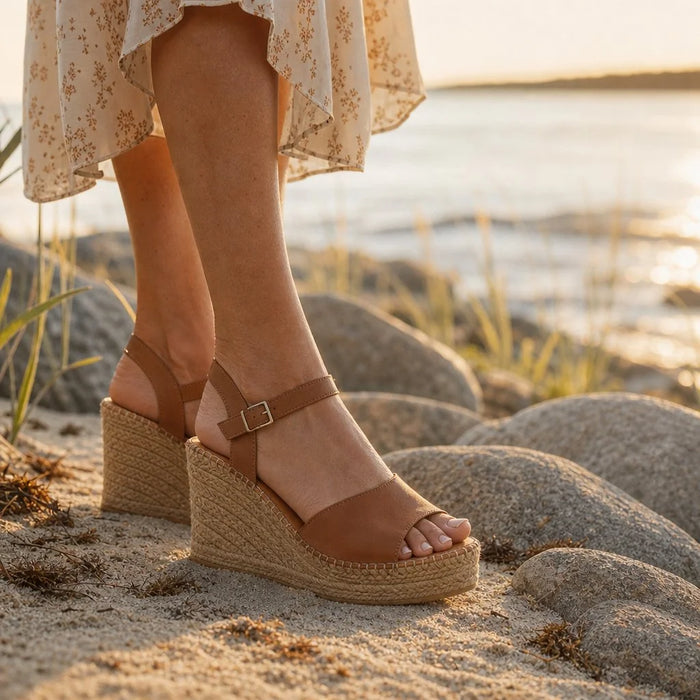 Tan Women's Brown Leather Platform Sandals - Philippa Wedge Ankle Strap - Worn Lifestyle