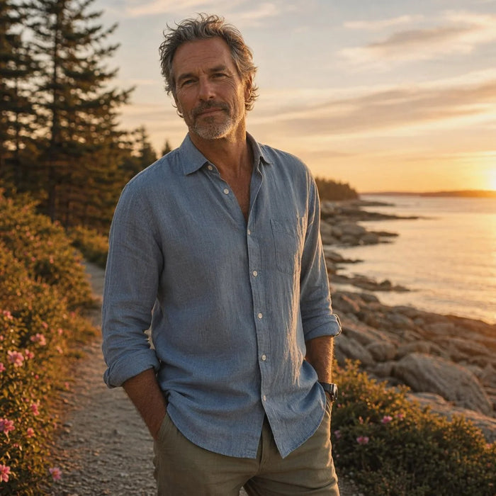 Light Blue Men's Blue Linen Blouse - Hugo Button-Front Long Sleeve Coastal - Front Full Outdoor