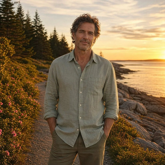 Sage Men's Linen Blouse - Harvey Button-Front Relaxed Coastal - Front Full Outdoor