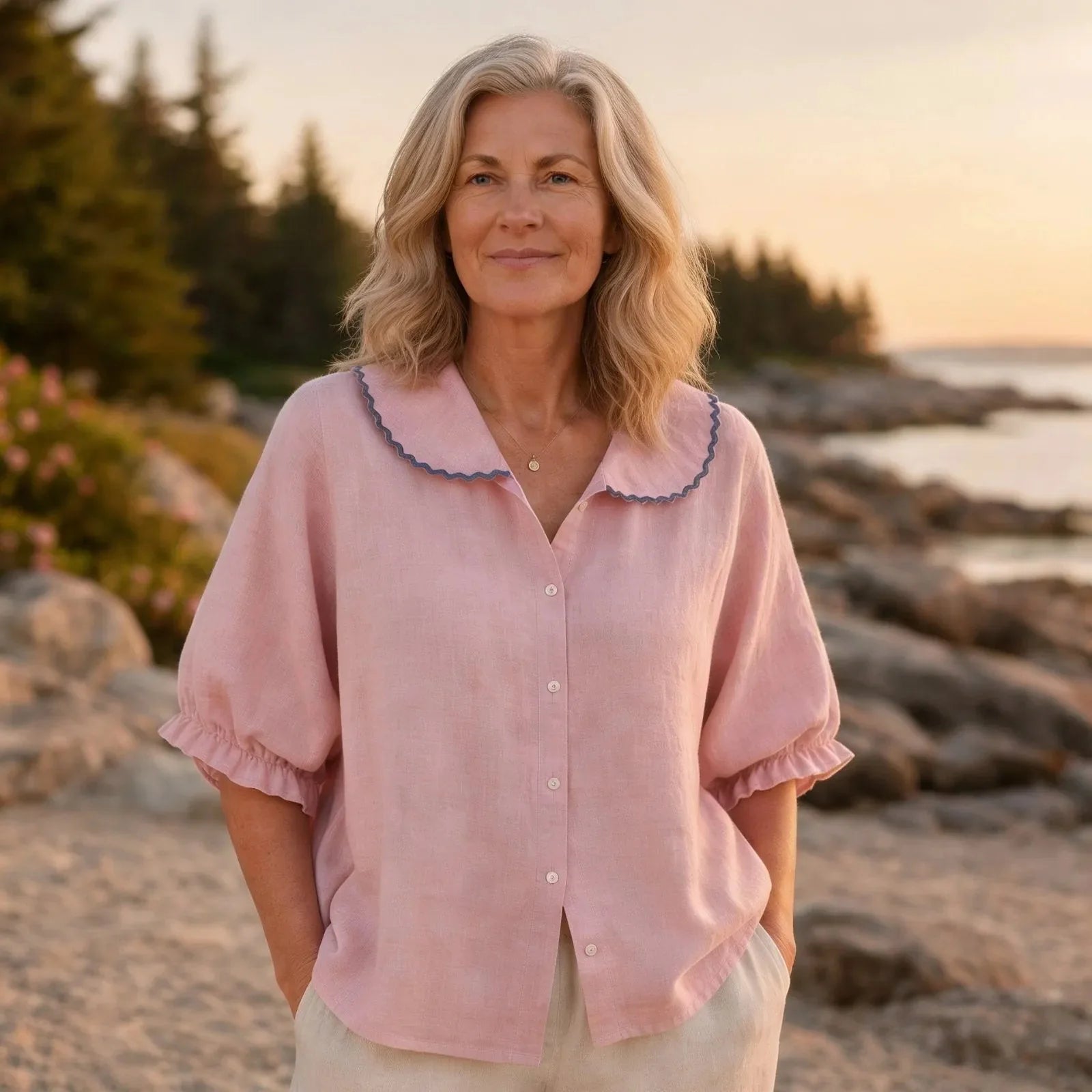 Light Pink Women's Pink Linen Blouse - Saskia Scalloped Collar Ruffle Sleeve - Front Full