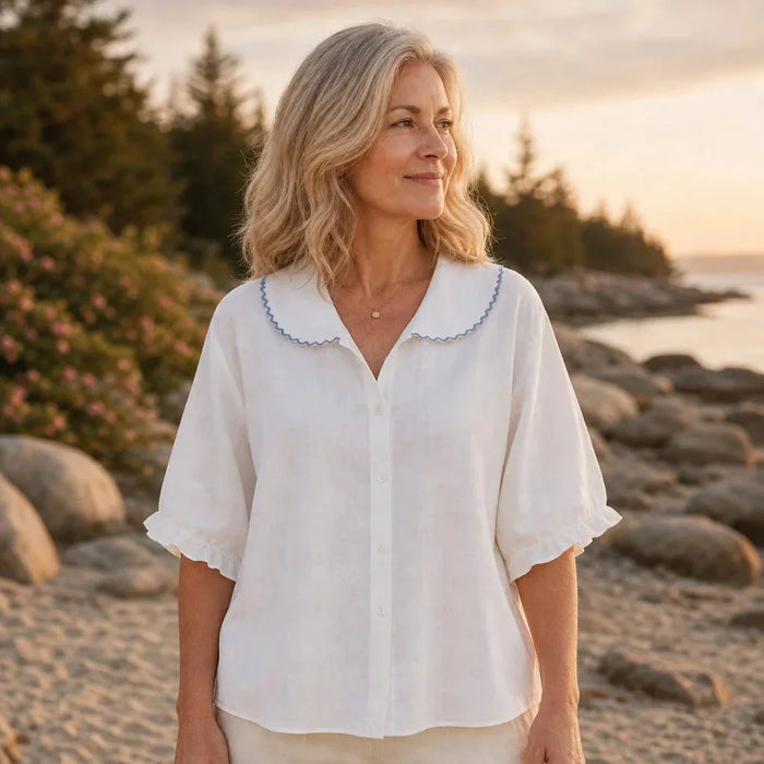 White Women's White Linen Blouse - Lina Scalloped Collar Ruffle Sleeve - Front Full