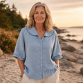 Women's Blue Linen Blouse — Gwen Peter Pan Collar Ruffle Sleeve