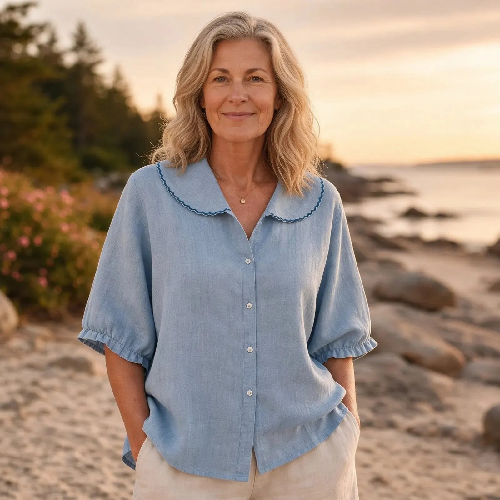 Light Blue Women's Blue Linen Blouse - Gwen Peter Pan Collar Ruffle Sleeve - Front Full