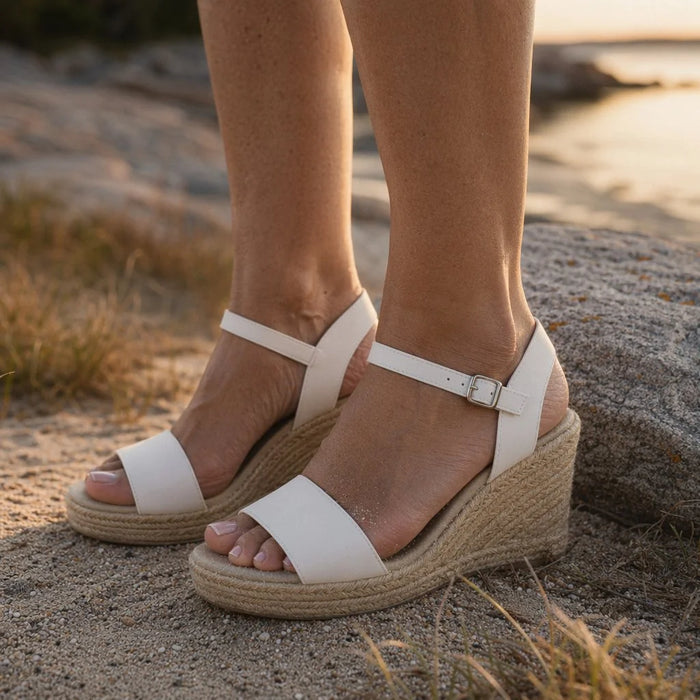 White Women's White Platform Sandals - Lexie Espadrille Wedge Ankle Strap - Worn Lifestyle