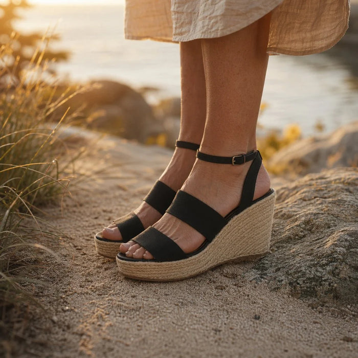 Black Women's Black Platform Sandals - Jenna Espadrille Wedge Ankle Strap - Worn Lifestyle