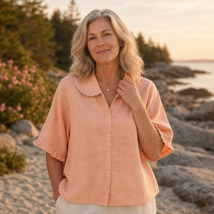 Peach Women's Peach Linen Blouse - Lena Scalloped Collar Short Sleeve - Front Full