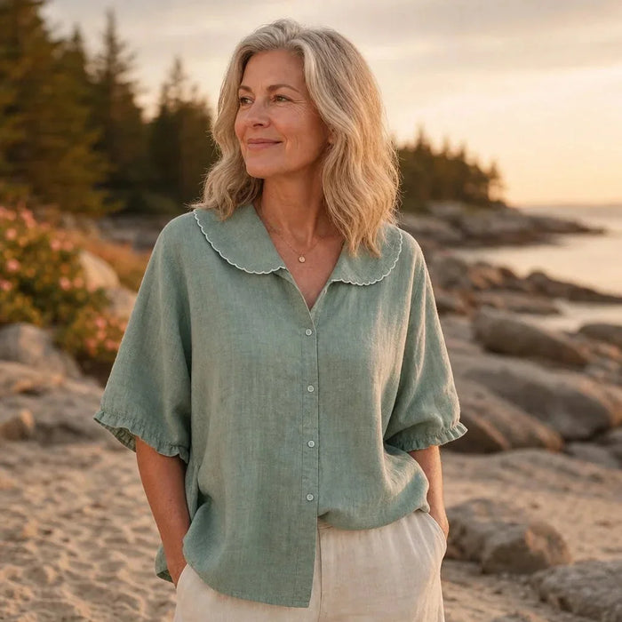 Sage Women's Green Linen Blouse - Sarah Scalloped Collar Button-Front - Front Full