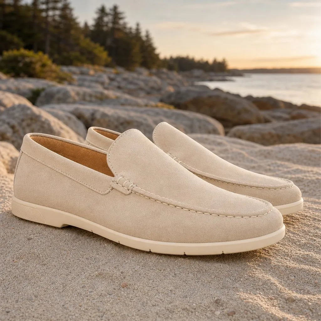 Beige Men's Beige Suede Loafers - Solange Slip-On Moc Toe Casual - Outdoor Pose