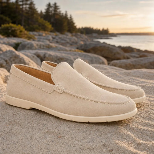 Beige Men's Beige Suede Loafers - Solange Slip-On Moc Toe Casual - Outdoor Pose