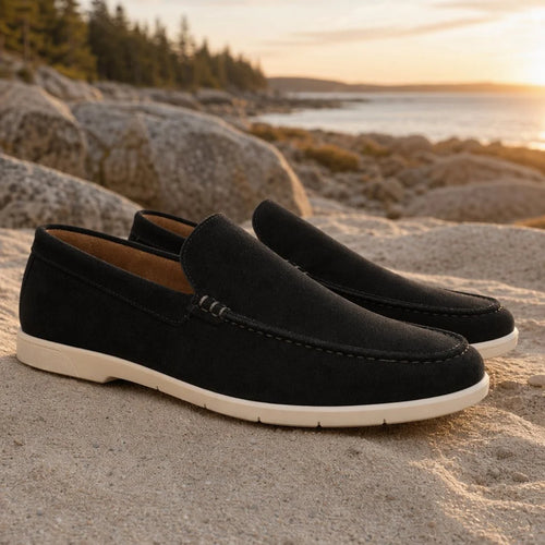 Black Men's Black Suede Loafers - Elsie Slip-On Moc Toe Casual - Outdoor Pair Coastal