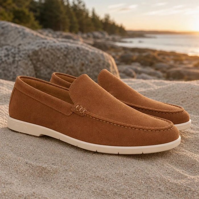 Brown Men's Brown Suede Slip-On Loafers - Madison Moc Toe Casual - Outdoor Pose