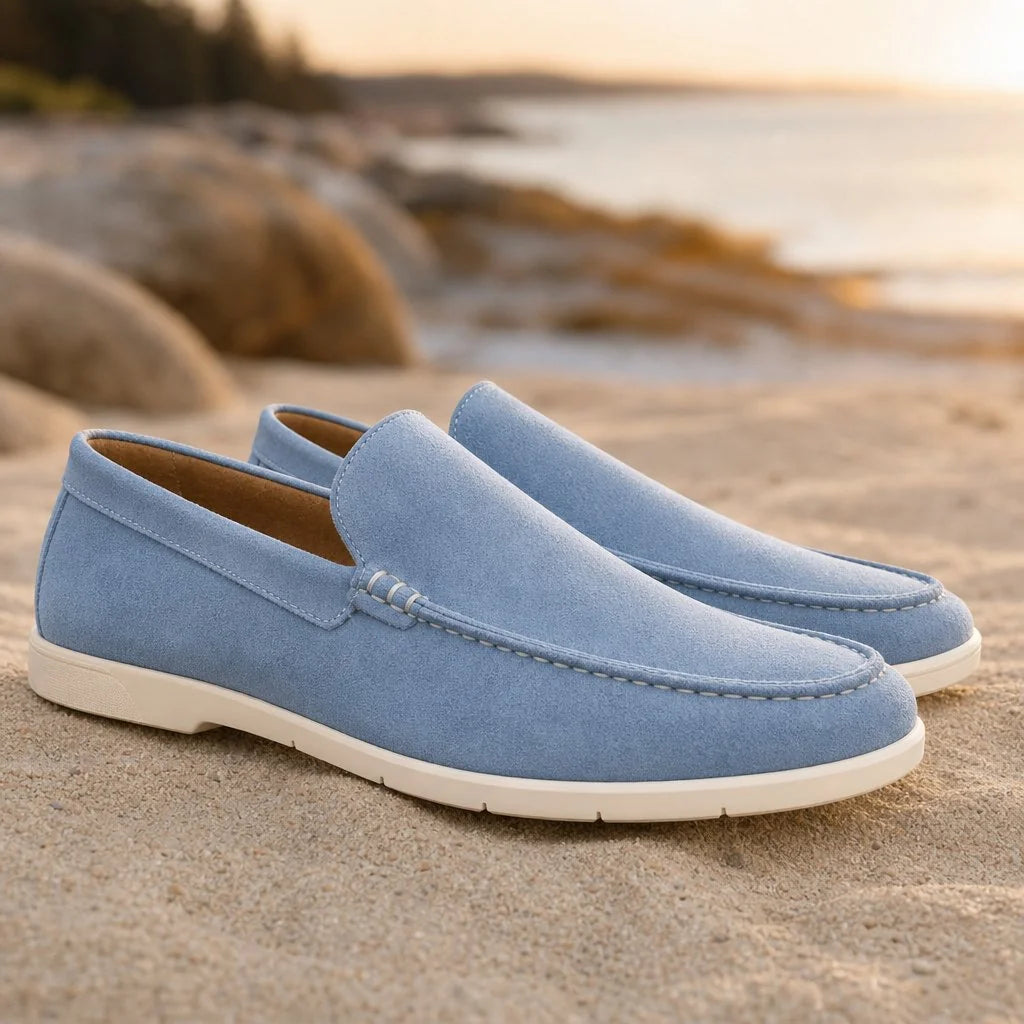 Light Blue Men's Blue Suede Loafers - Devon Slip-On Coastal Moccasin - Outdoor Pair Beach