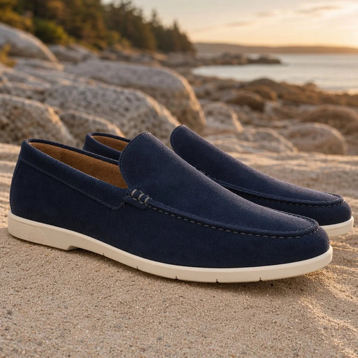 Navy Blue Men's Navy Blue Suede Loafers - Winnie Slip-On Moc Toe Casual - Outdoor Pair Coastal