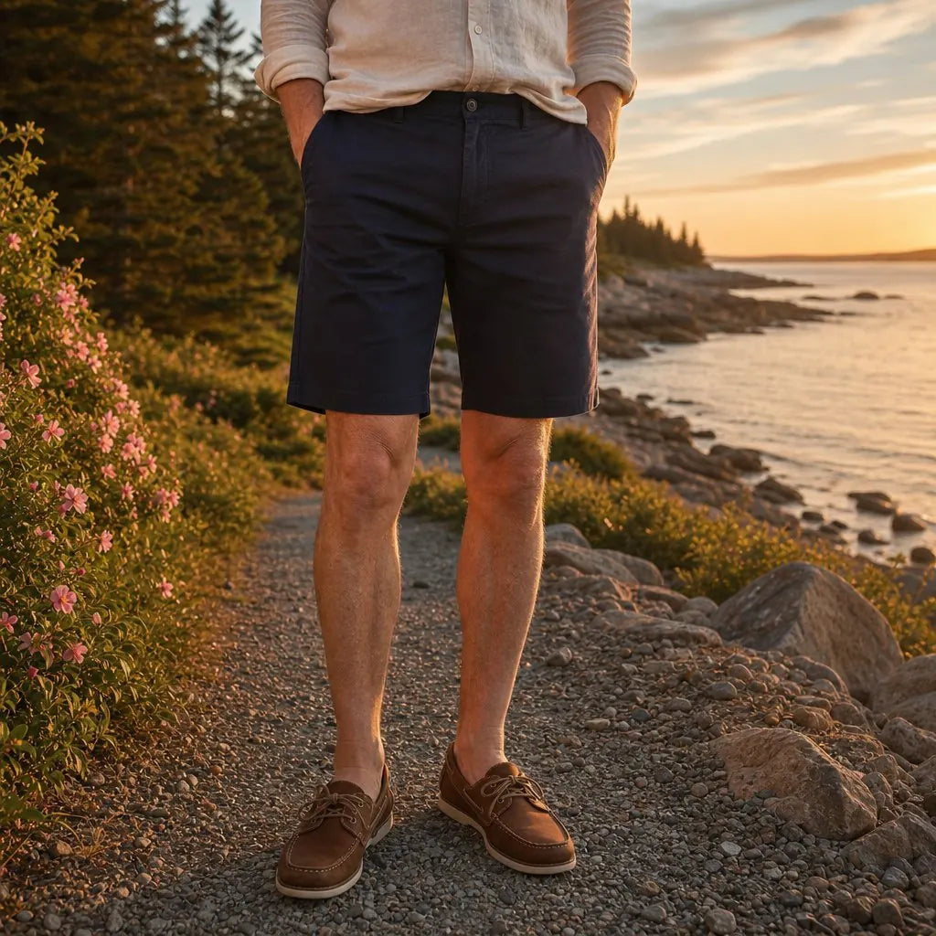 Navy Blue Men's Navy Chino Shorts - Jasper Flat-Front Tailored Coastal - Front Full Outdoor